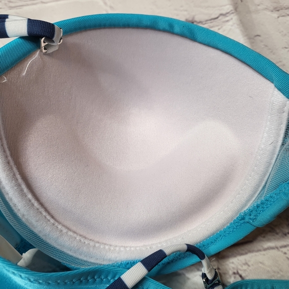 Turquoise Navy Blue Stripe Bikini - Cheeky Bottoms - Push-Up Cups - Size L - Picture 8 of 12